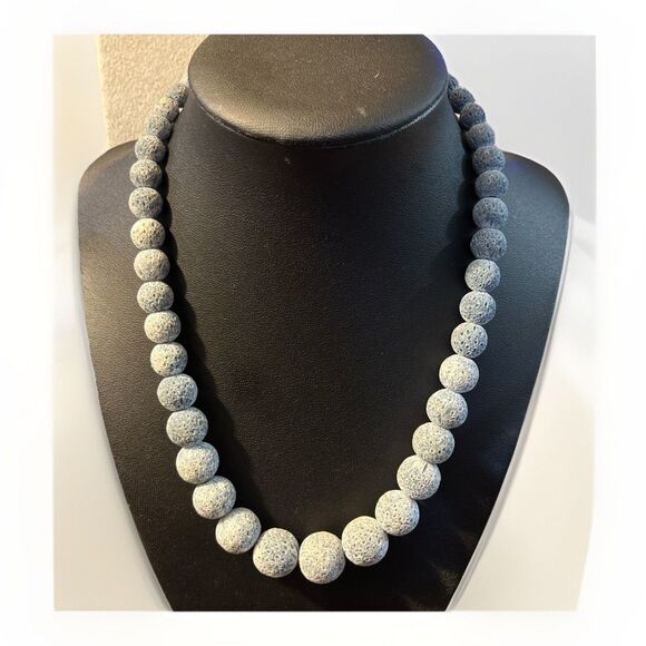 Gray Lava Rock Bead Necklace Natural Stone Diffuser Jewelry Unisex Boho Style - Picture 1 of 7